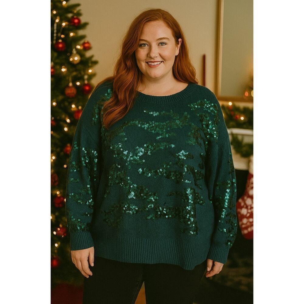 Nine West XXL Teal Sequin Sweater NWT Holiday Glam Statement Knit Top Plus Curvy